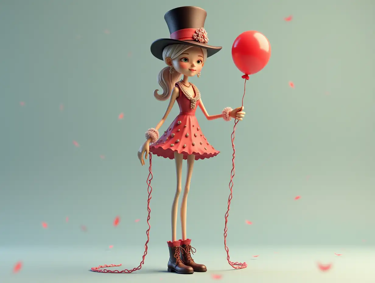 a very long 3-D female figure with very thin legs and very long thin arms with top hat and boots and wearing jewelry.and has a balloon in her hand 4K resolution Colorful