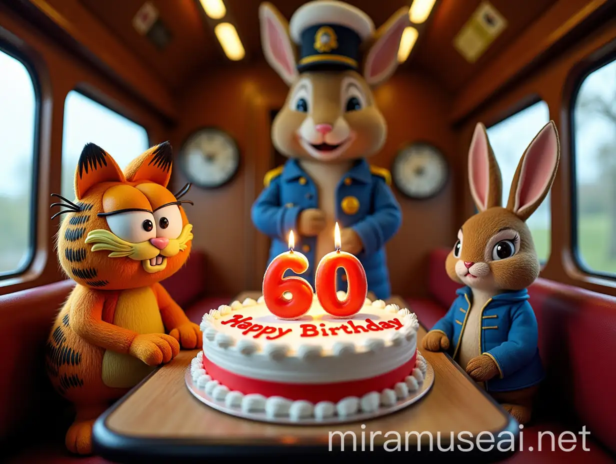 Birthday Celebration on Train Carriage with Garfield and Peter Rabbit Featuring a Giant 60th Birthday Cake