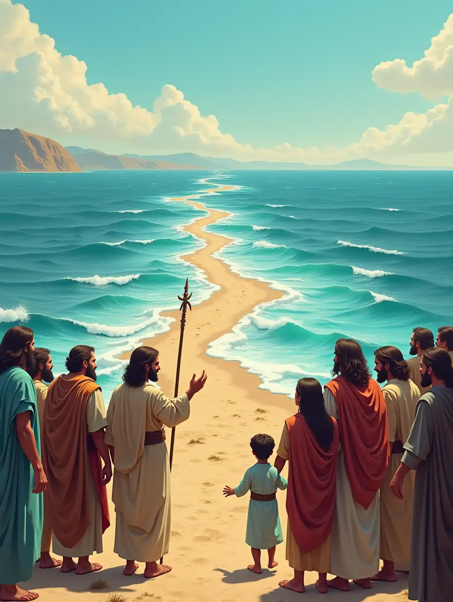 The moment when Prophet Moses, along with his people and tribe, approached the sea and with a gesture of his staff, he divided the sea in two so that his people could cross.Show the moment when a road was built in the middle of the sea and the sea was divided in two.In his tribe and people, there are men, women, and children.