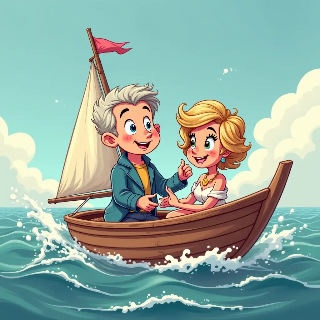 prince charles and princess diana in a yatch having fun leisure time in cartoon version