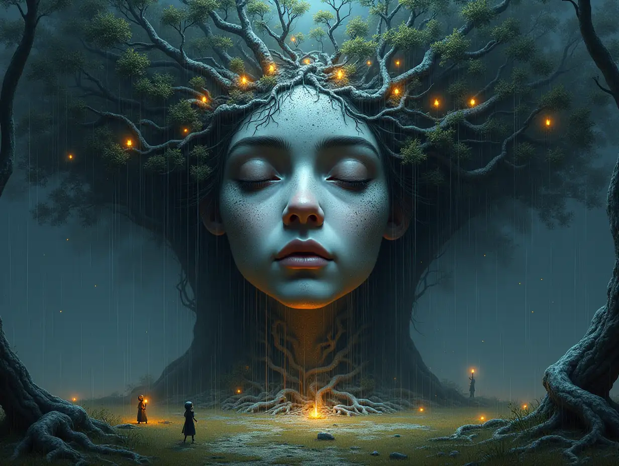 Creating a digital painting of a face with hair transformed into a building with silver stones and illuminated trees with roots and lanterns and strange beings-alien in a meadow raining