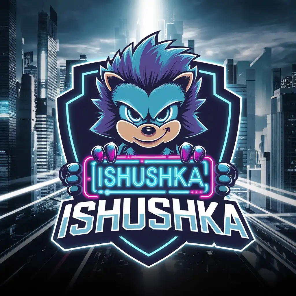 a vector logo design,with the text "ISHUSHKA", main symbol:Stylish hedgehog in cyberpunk style, on neon backdrop.,complex,be used in Technology industry,clear background