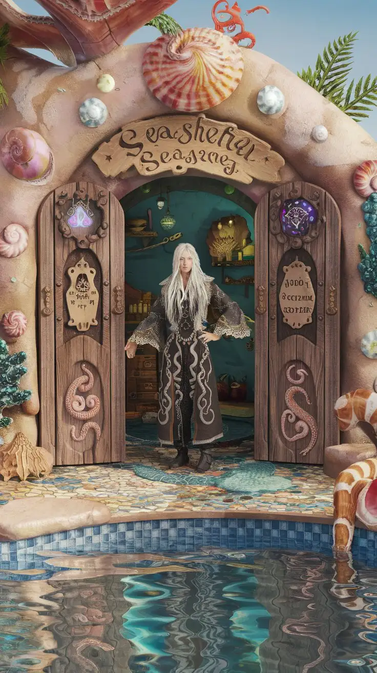 seashell shop with many shells and seaweeds, a pool in the back, carved doors with magical signs, colorful mosaic on the floor, a female witch standing with long white hair, wearing a long tunic adorned with wavy and octopus patterns, nordic, clear atmosphere, highly detailed