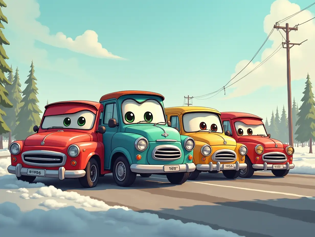 an image showing a lot of Russian cars in the style of the cartoon cars