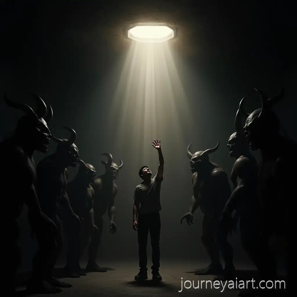 Man-Reaching-for-Light-Surrounded-by-Ominous-Demons-inMan-reaching-for-light-a-Dark-Room