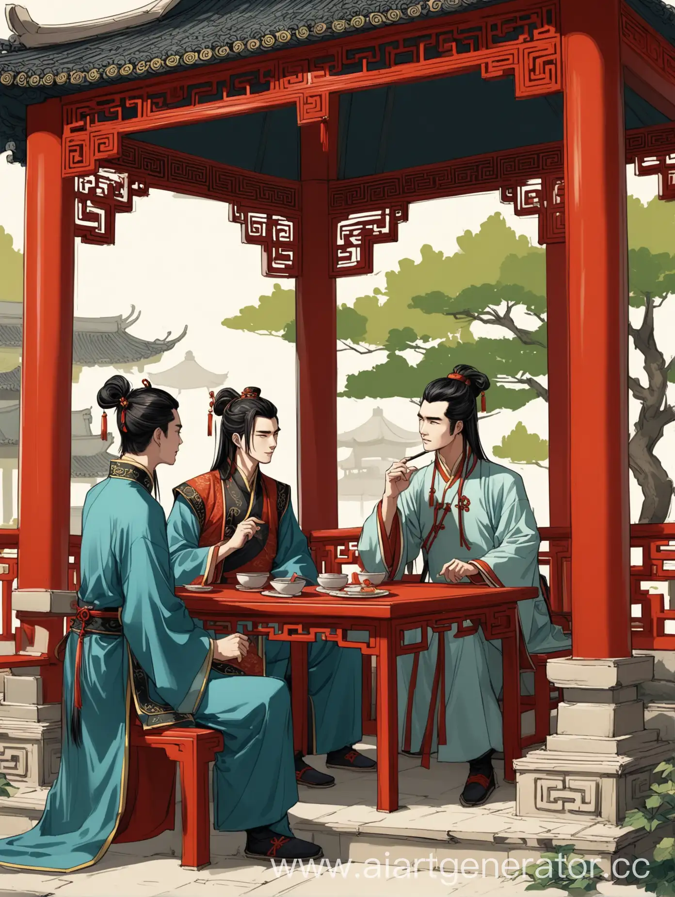 Three-Young-Chinese-Men-in-Traditional-Attire-Sitting-in-a-Gazebo-in-Ancient-Chinese-Park