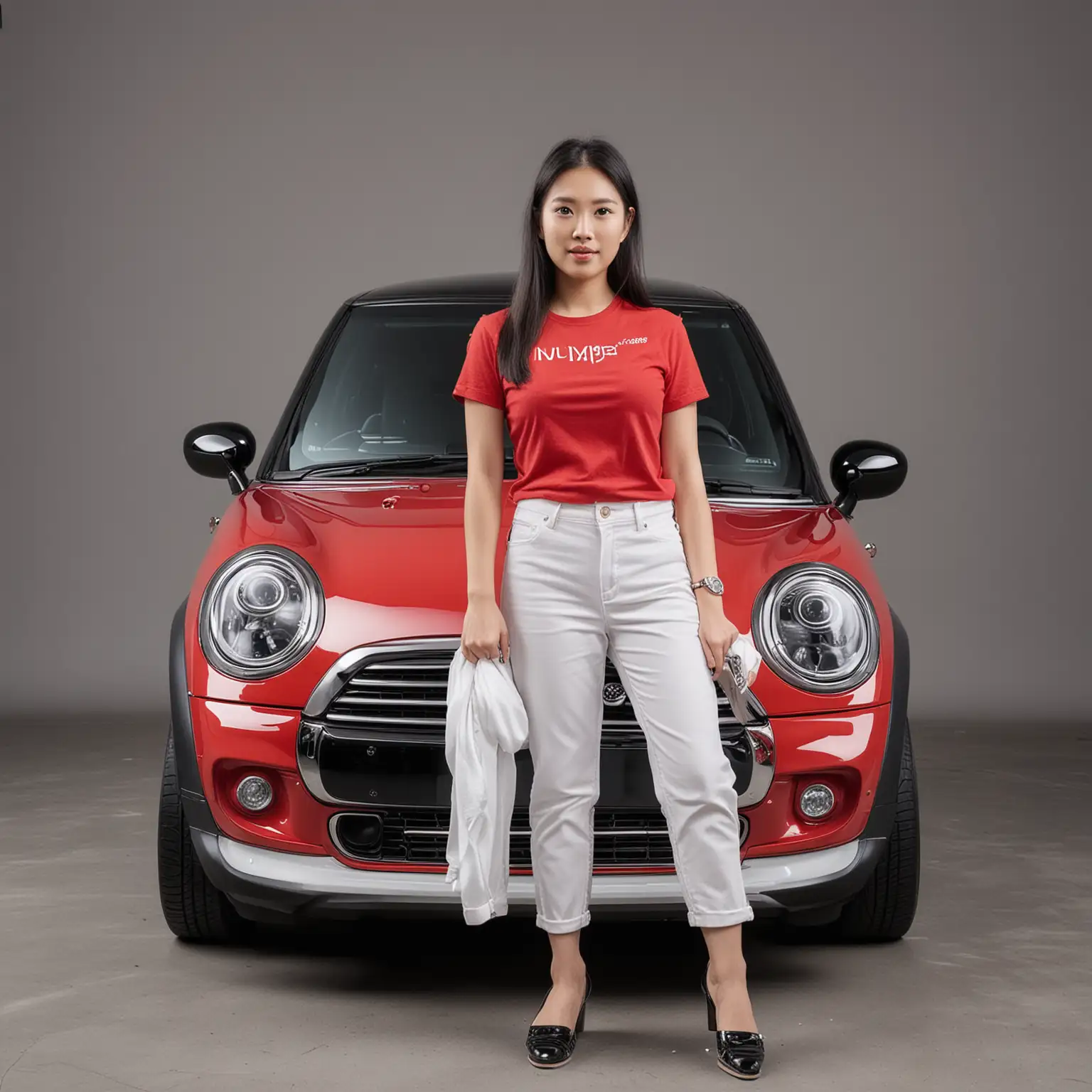 An Asian woman wearing a plain red t-shirt and white pants, along with shoes, stands in front of a glossy black Mini Cooper. The background is plain white