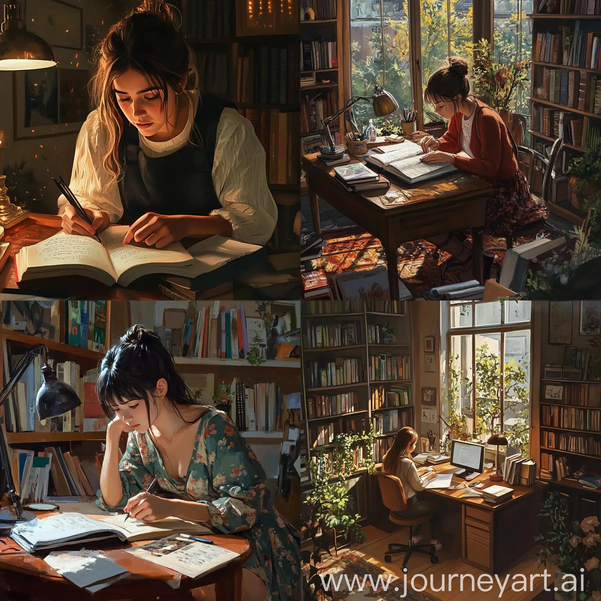 Girl-preparing-for-interview-in-cozy-room-with-books-and-desk