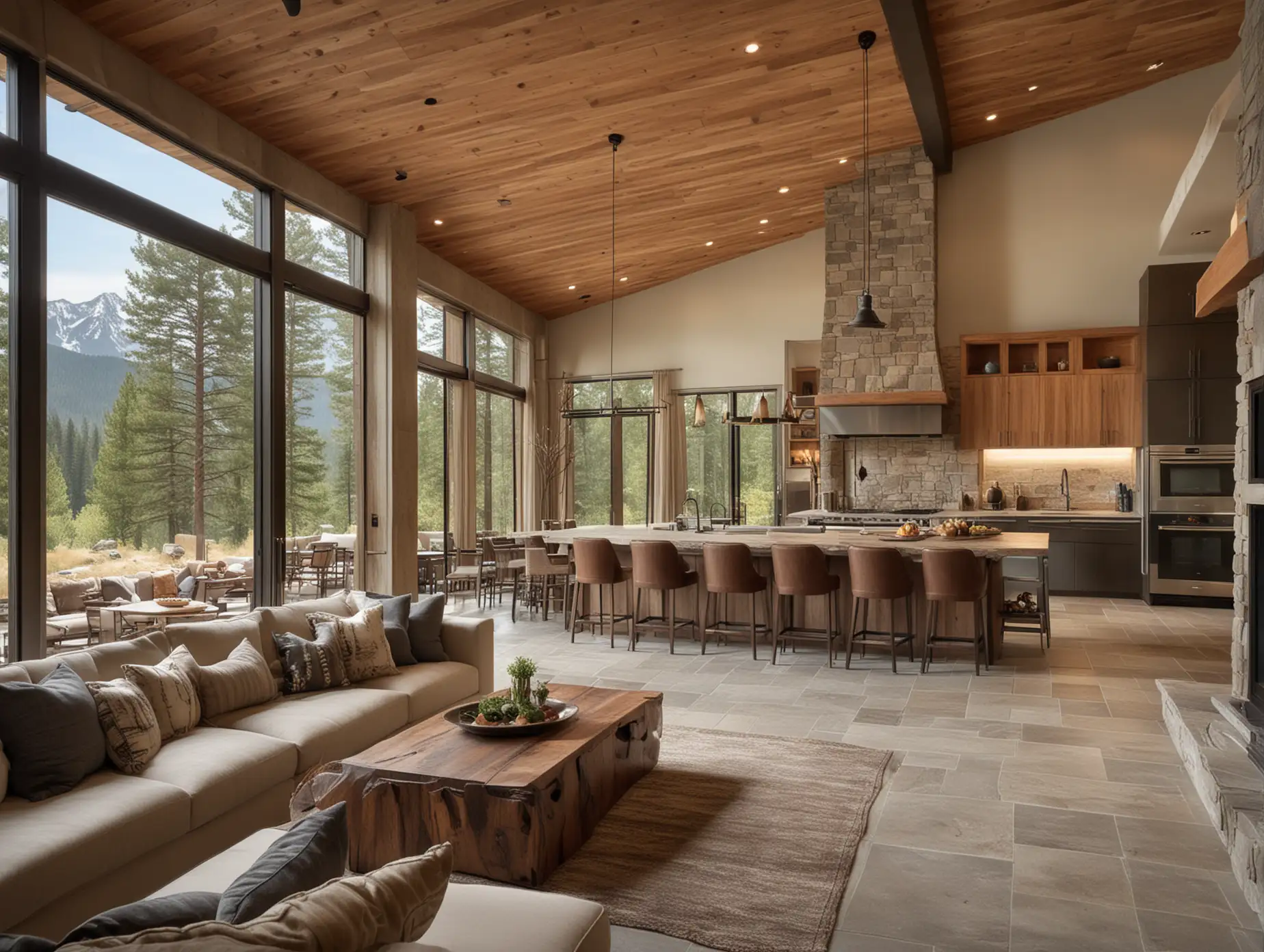 Contemporary Mountain Cabin Kitchen with Cedar Wood Cabinetry and Great Room View