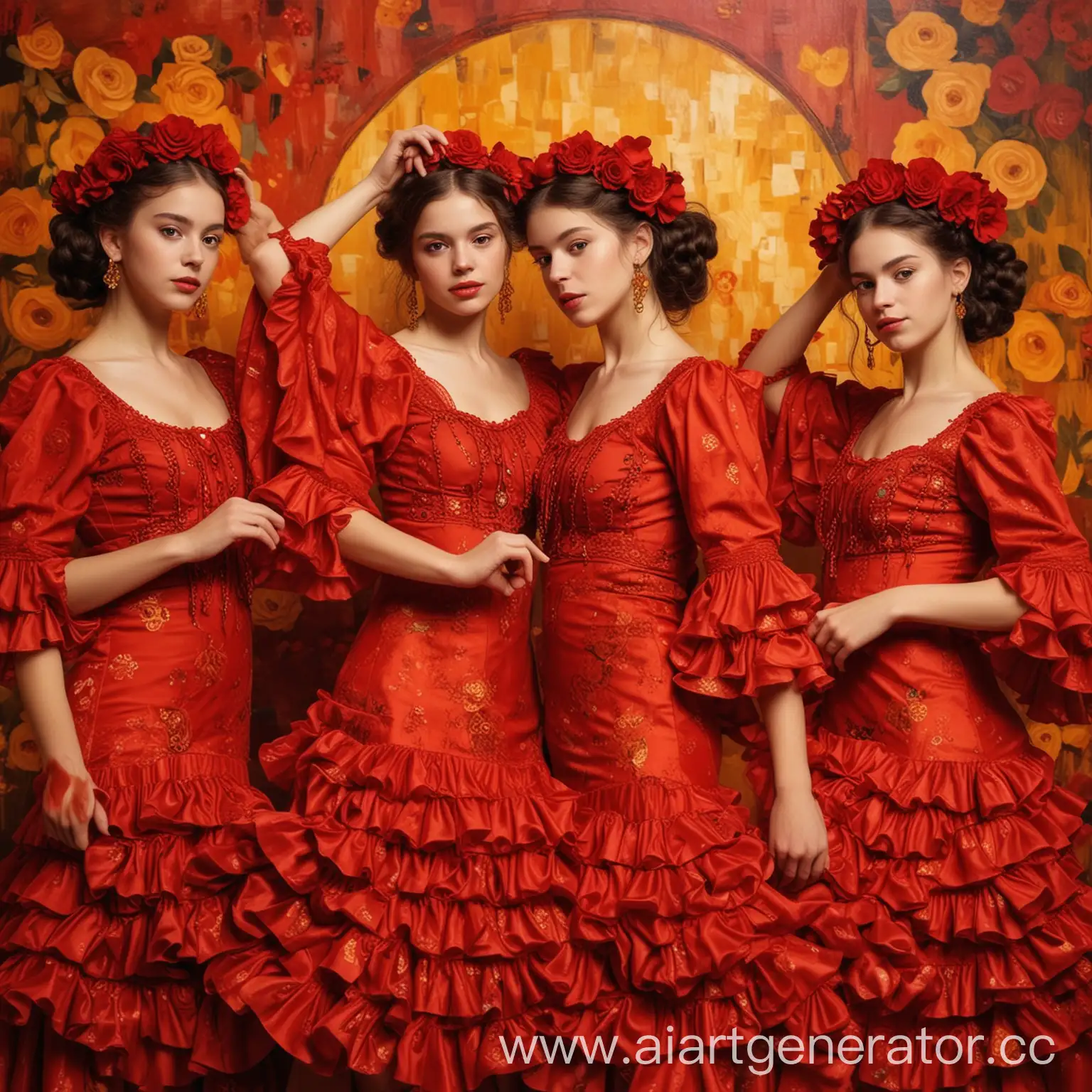 Spanish-Girls-Dancing-Flamenco-in-Red-Dresses-and-Flowers