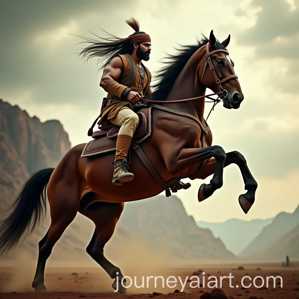 Indian-Warrior-on-a-Rearing-Horse-in-Majestic-Landscape