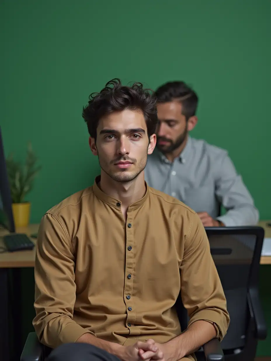 young adult man with dark hair and a serious look, with a light brown kurtka sitting on a chair in front of a green head office, a programmer is behind him