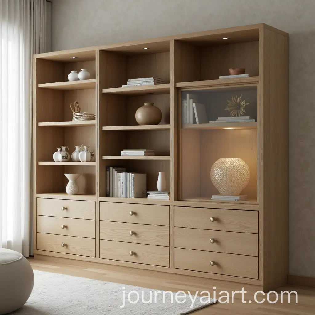 Minimalist-Rustic-Light-Oak-Veneer-Bookshelf-with-Glass-Display-and-Decorative-Items