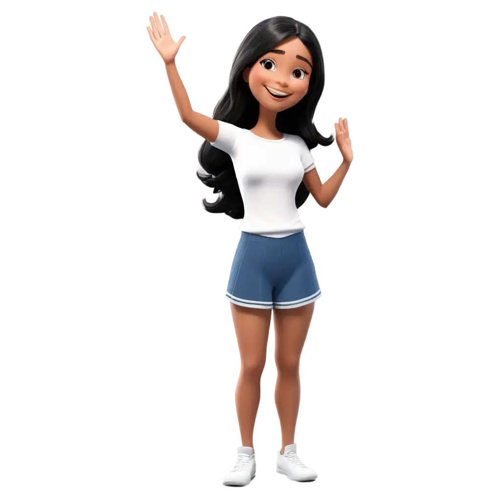 Cartoon-Girl-with-Medium-Length-Black-Hair-Smiling-and-Waving-Hands-PNG-Image