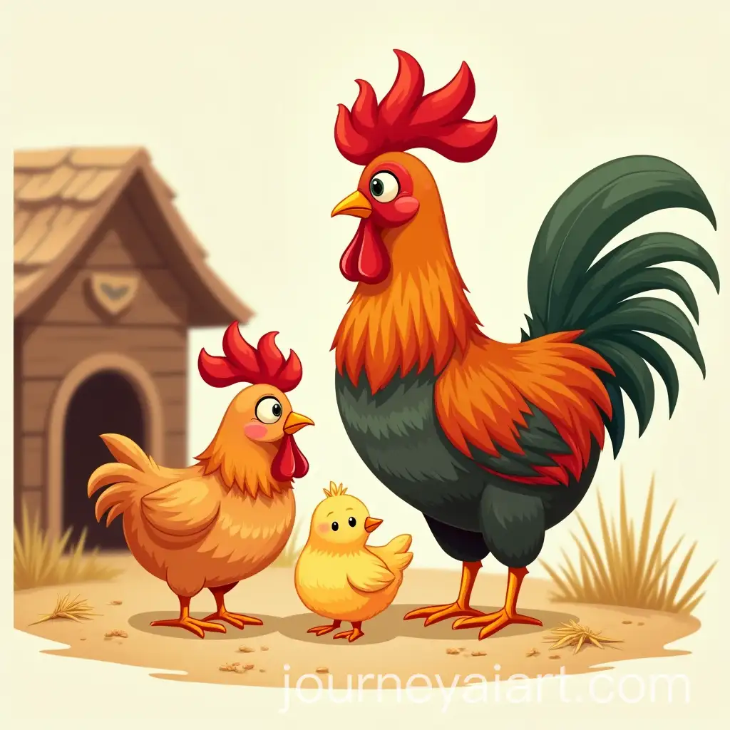 Mother-Hen-and-Father-Rooster-with-Chicks-in-Cozy-Farmyard-Setting