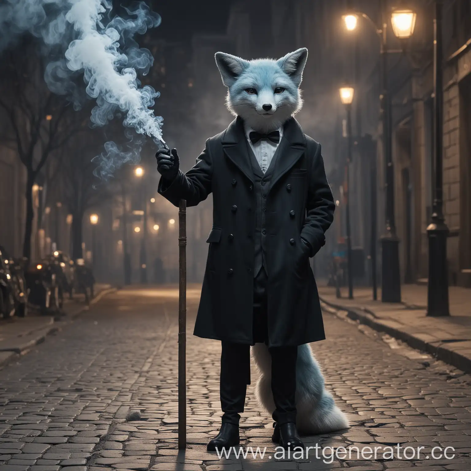 Anthropomorphic-Fox-Smoking-on-Night-Street