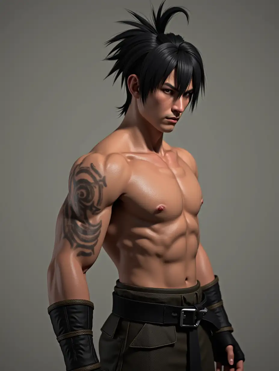 Generate an image of the hyper-realistic character of Jin Kazama from Tekken. A Japanese fighter who practices Mishima-style Fighting Karate. I want a low taper at the back, but keep the sides layered and textured, and the bangs fall to eyebrow-length and sparse. The sides should stay around 2-3 inches, with some volume and natural movement. I want the back to fade gently into the natural hairline length. The top of his hair is swept back and the back hair has a tapered upward spike tip like a duck's tail. Photorealistic with a global illumination. His face slightly looks at the camera but misses the focus. His appearance will be shirtless and wearing bracers on his hand with combat pants and a black belt. Also a fang-like tattoo on his left shoulder.