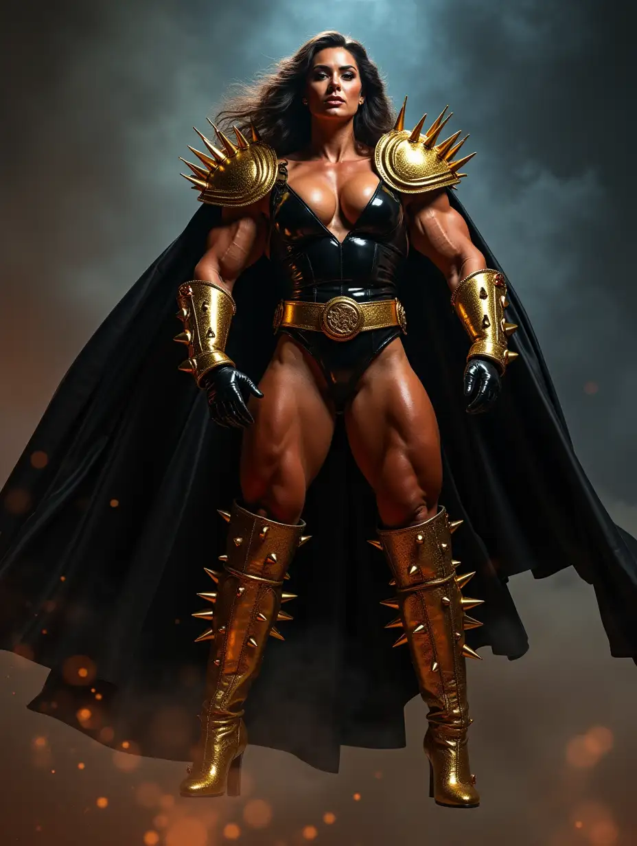 Huge bodybuilder looks like nancy dell'olio, flying in space, insane muscles, masculine muscular quads, very muscular masculine biceps, very muscular glutes wearing a shiny black catsuit, showing cleavage wearing gold thigh high boots with spikes, a chunky wide gold belt, long black PVC opera gloves, spikes on shoulders, gold spiked gauntlets and along black cape