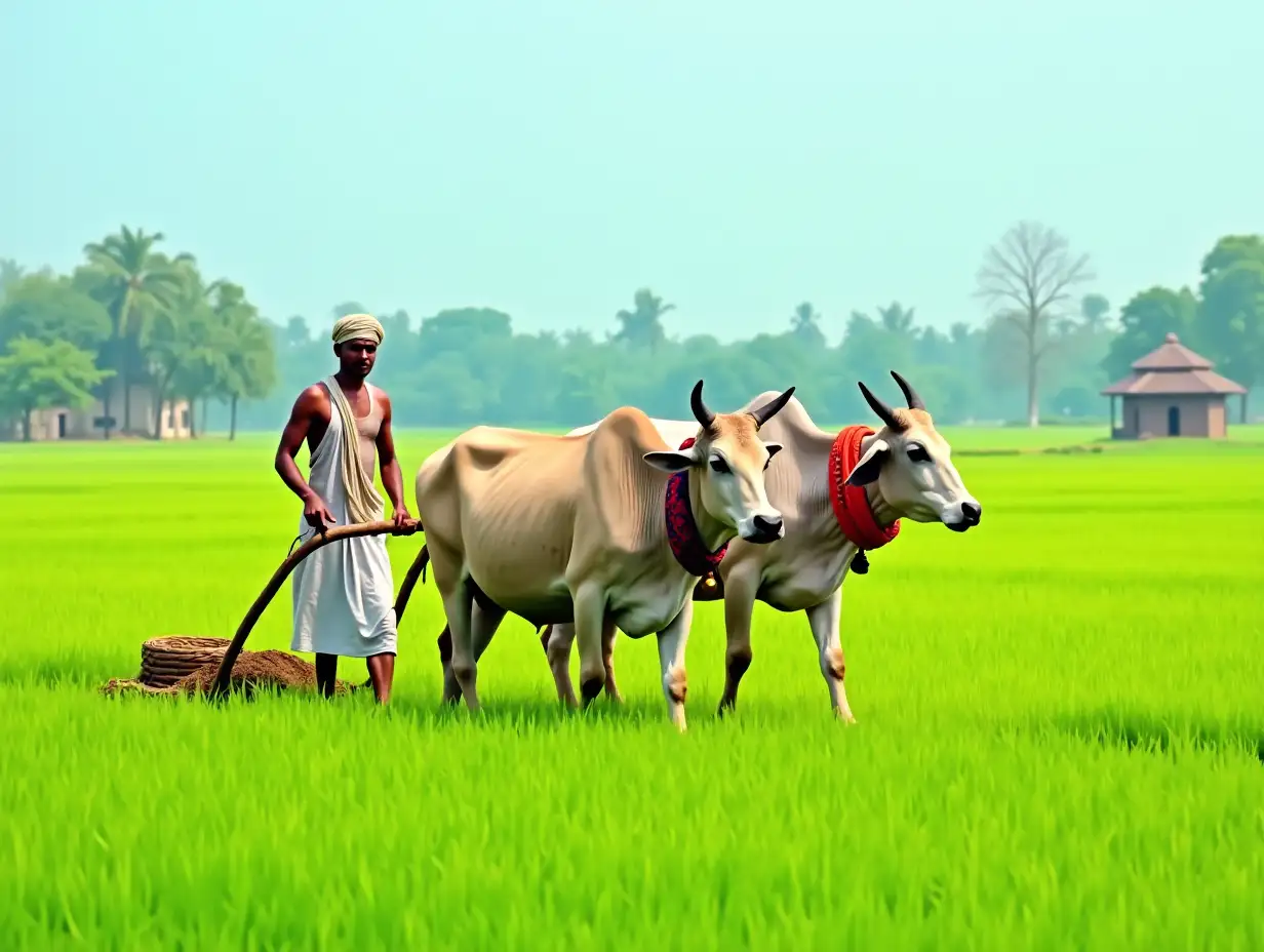 An Indian farmer with a plow working alongside two strong oxen in a lush green field. The farmer is wearing traditional attire, including a white dhoti and turban, while the oxen are decorated with colorful cloth and bells. The background features a vibrant rural landscape with clear skies, distant trees, and perhaps a small hut or water well to complete the pastoral scene. The overall atmosphere is peaceful and reflects the simplicity of village life.