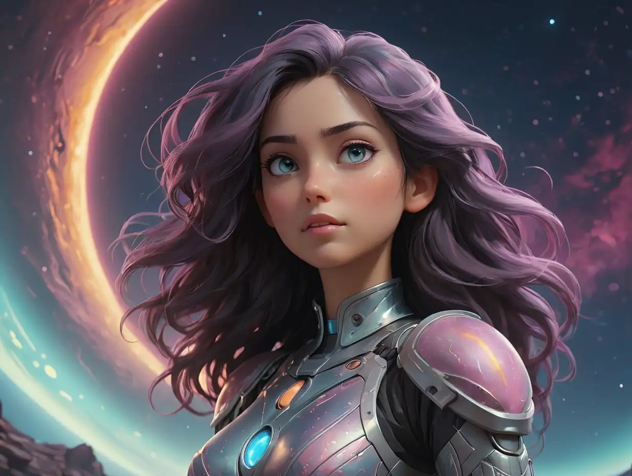 A lone female figure stands at the edge of a glowing, pink-tinged planet under a vast, starry sky. She has long, flowing dark hair and wears a sleek, silver-futuristic spacesuit with delicate neon blue circuitry glowing softly. Behind her, the cosmos comes alive with swirling galaxies in deep blues, purples, and vibrant oranges, all sparkling with countless stars. Two enormous crescent moons, one golden and the other pale blue, hang low on the horizon, their light casting gentle reflections on the planet’s surface. Nebulae in shades of teal and magenta drift through the background, giving a dreamlike atmosphere. The woman stands tall, facing the endless universe as if ready for exploration, while faint auroras dance along the sky's edge. The scene is rendered in stunning 4K resolution, capturing every tiny star, nebula, and atmospheric detail with sharp clarity.