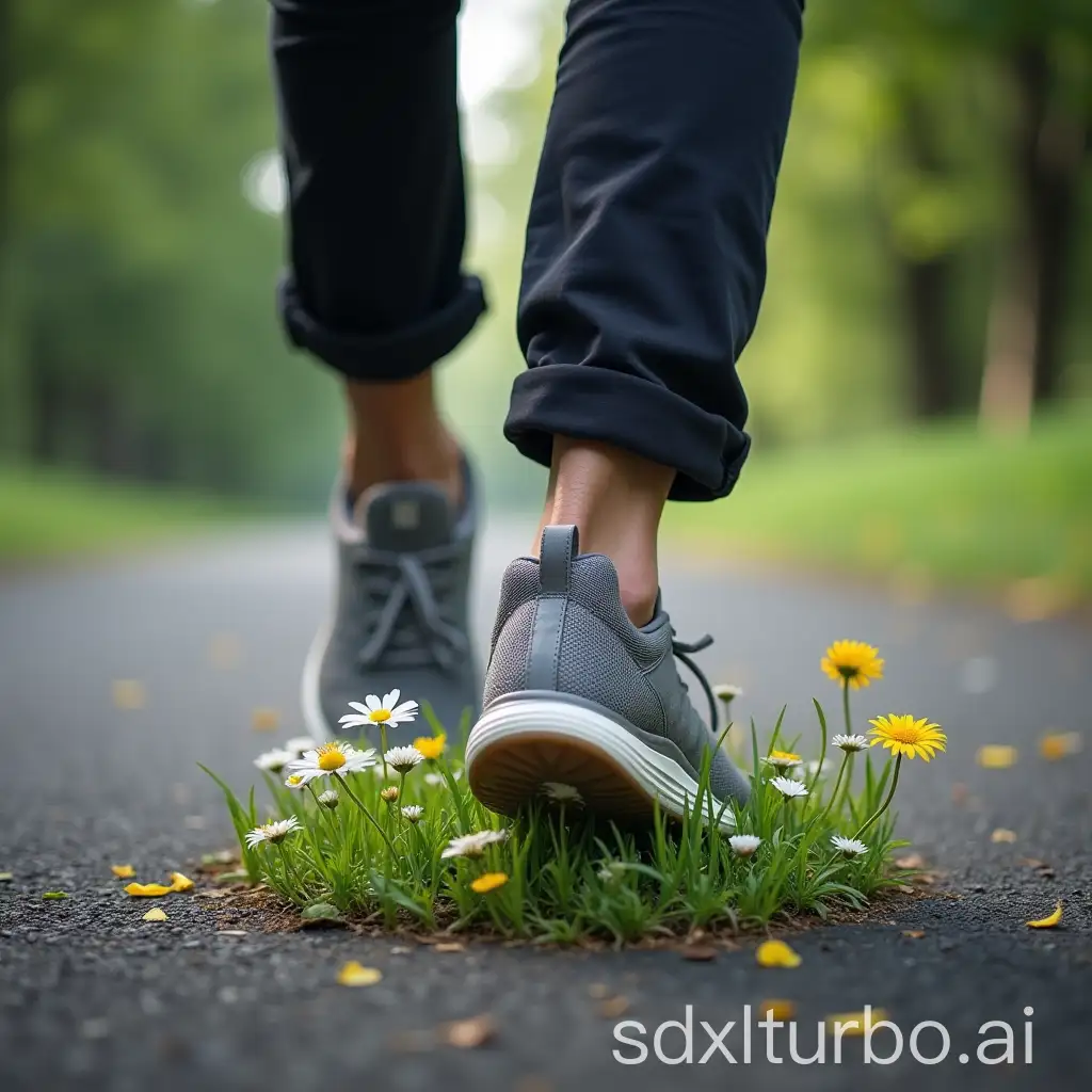 Foot-Stepping-on-Grass-with-Gray-Shoe-in-Hyper-Realistic-Style