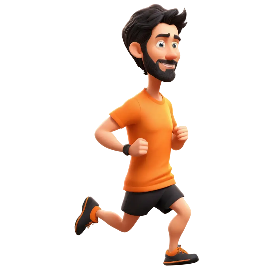 Cartoon like HD picture of a marathon runner in his 40s. caucasian male short dark hair and dark beard, orange shirt, black shorts, yellow shoes