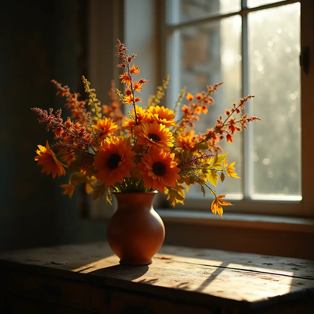 Still life photo, professional. Soft hazy filter. Weathered  photo of a beautiful autumn bouquet of flowers and leaves in a clay vase on an old wooden table worn out. Hazy light through a side window covered outside with rain drops. Soft autumn sunlight. Premium quality photo, best composition. Shot on Sony Alpha. Sharp, highly enhanced, uhd. f1/8, 50 mmlens