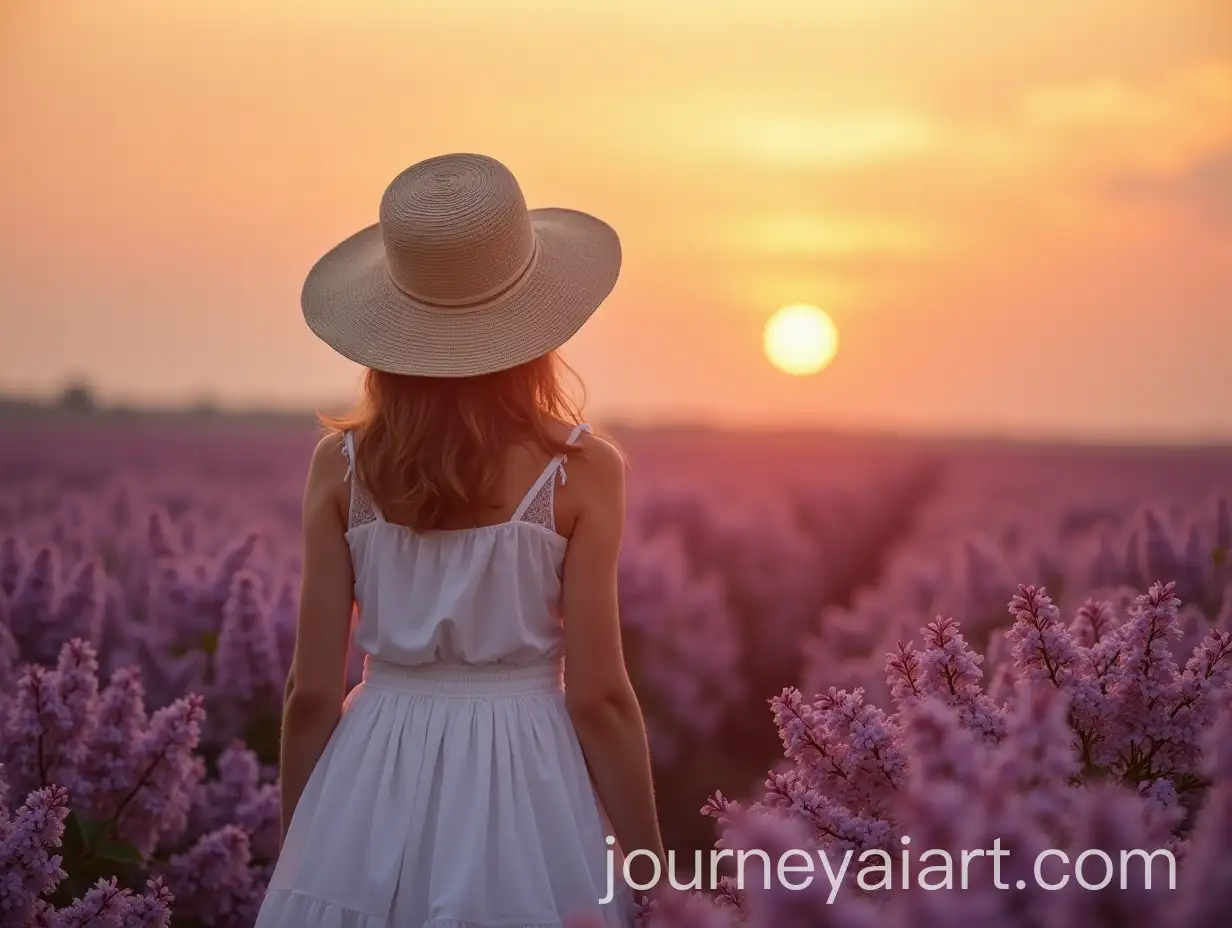 Girl-in-White-Dress-and-Hat-in-Lilac-Field-at-Sunset