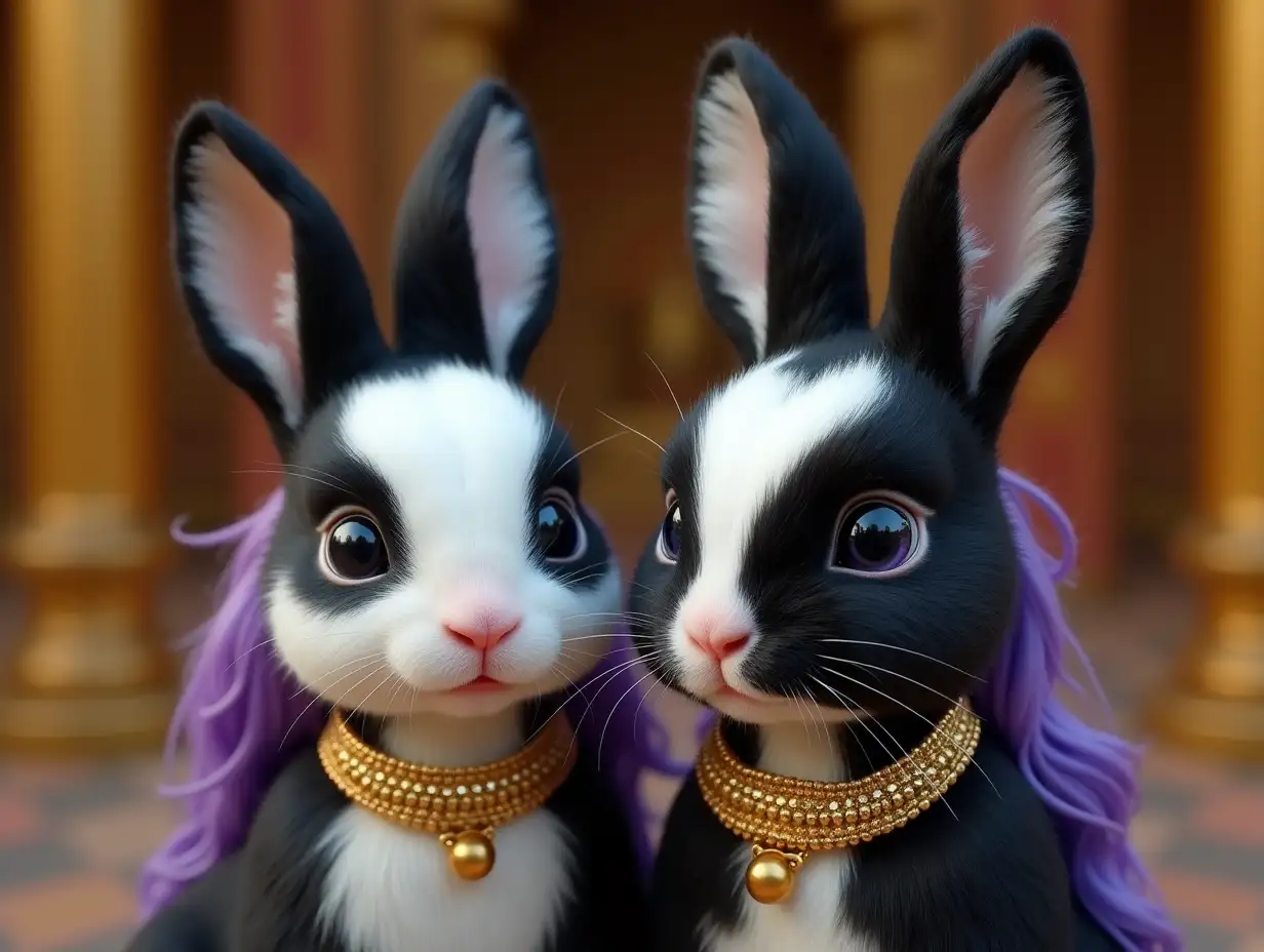 Two young black and white patterned rabbits with alien face, with purple hair, with a slight smile on their faces, highlighting their smiles, wearing modern retro jewelry, in a temple with lots of gold in various shades 4k