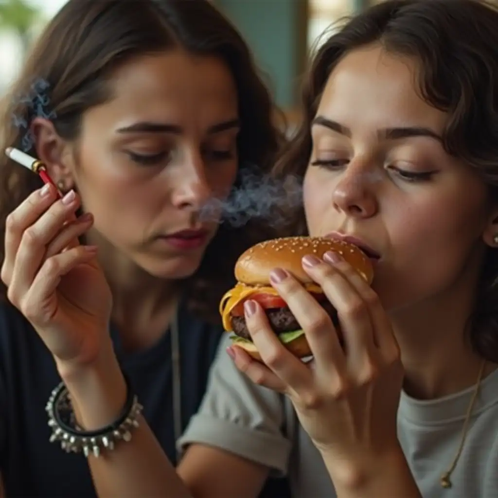 Person-Enjoying-a-Burger-While-Smoking-a-Cigarette-in-a-Casual-Diner-Setting