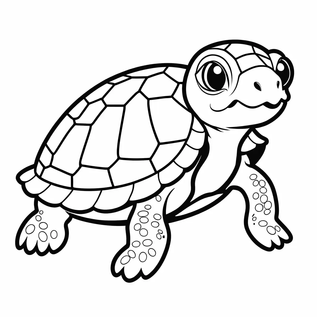 a cute little turtle animal, Coloring Page, black and white, line art, white background, Simplicity, Ample White Space. The background of the coloring page is plain white to make it easy for young children to color within the lines. The outlines of all the subjects are easy to distinguish, making it simple for kids to color without too much difficulty