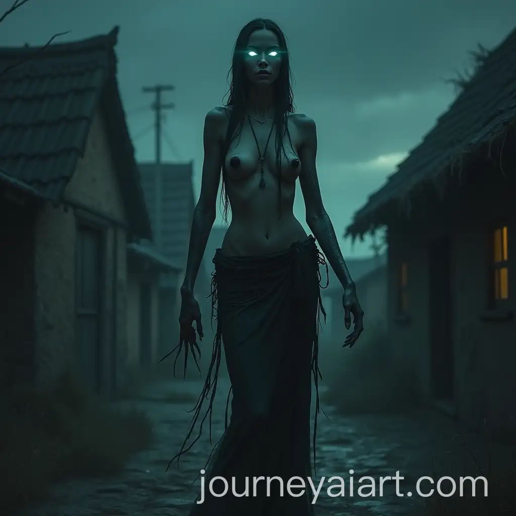 Ethereal-Ghostly-Woman-Wearing-Ragged-Clothes-in-Dark-Village-Setting