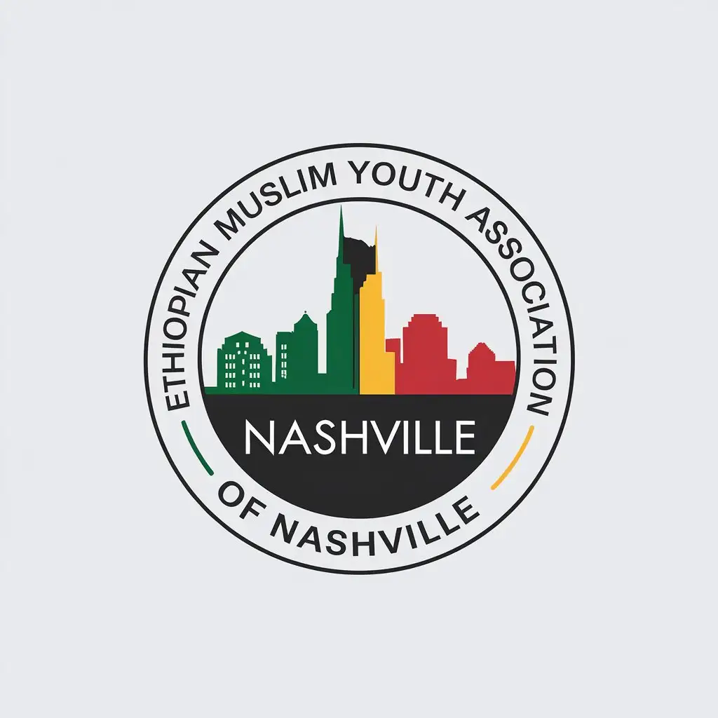 LOGO Design for Ethiopian Muslim Youth Association of Nashville Minimalistic Nashville Skyline with Green Yellow and Red Flag Colors