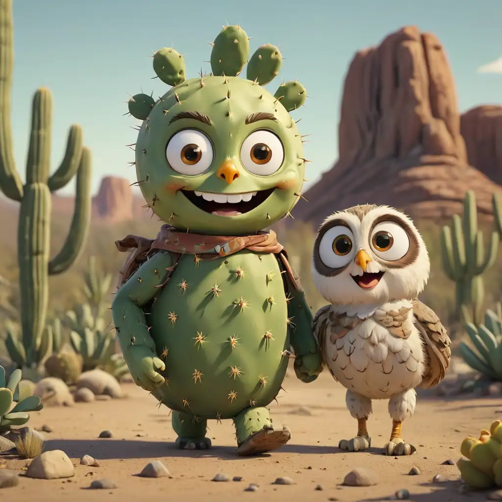 Cartoon Cactus Smiling Walking with Owl