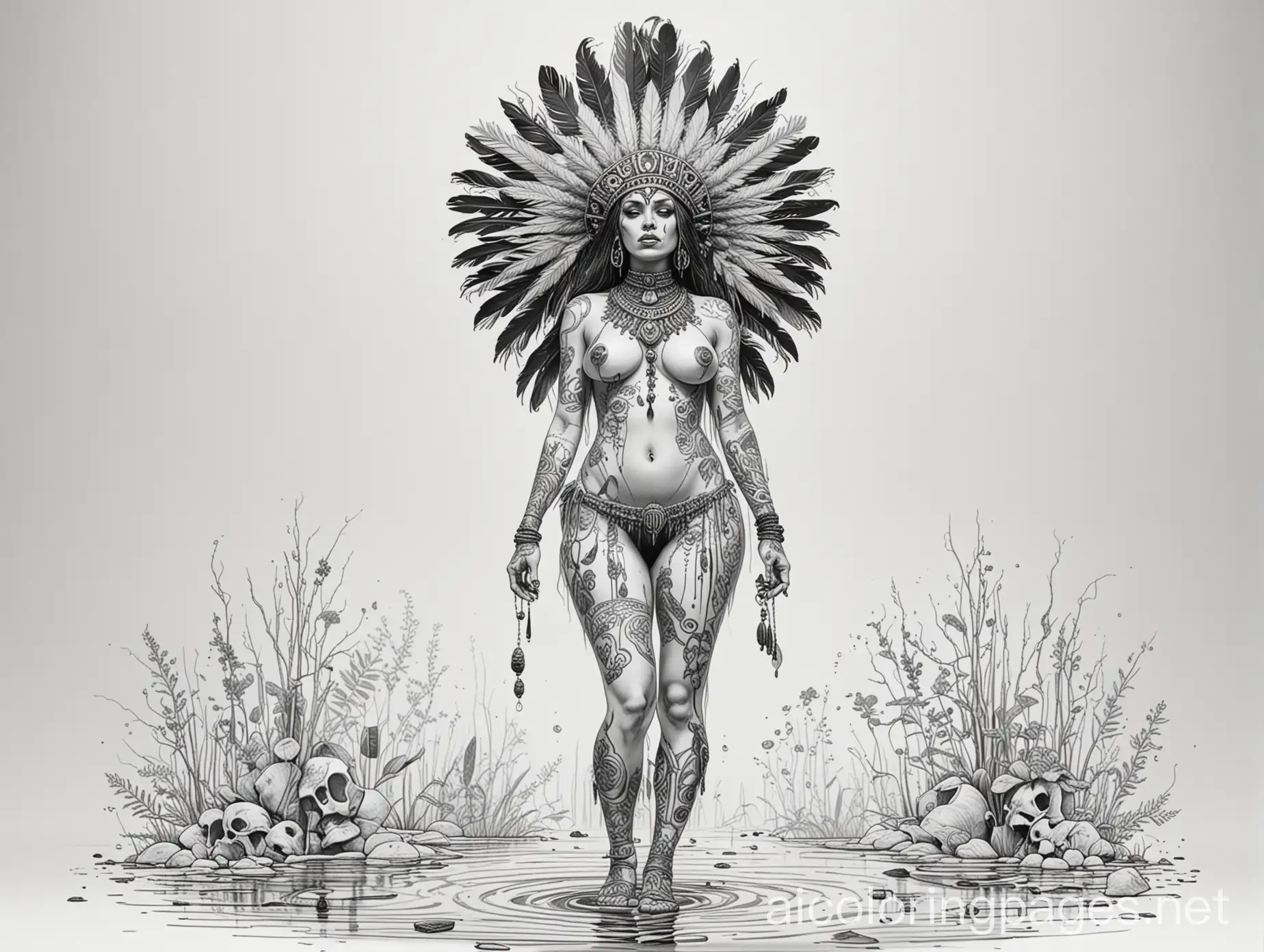 line art, black on white, full body shot, big breasted naked female voodoo priestess, covered in tattoos, animal skull as ceremonial headdress , standing with her feet in a puddle. Coloring Page, black and white, line art, white background, Simplicity, Ample White Space. The background of the coloring page is plain white to make it easy for young children to color within the lines. The outlines of all the subjects are easy to distinguish, making it simple for kids to color without too much difficulty