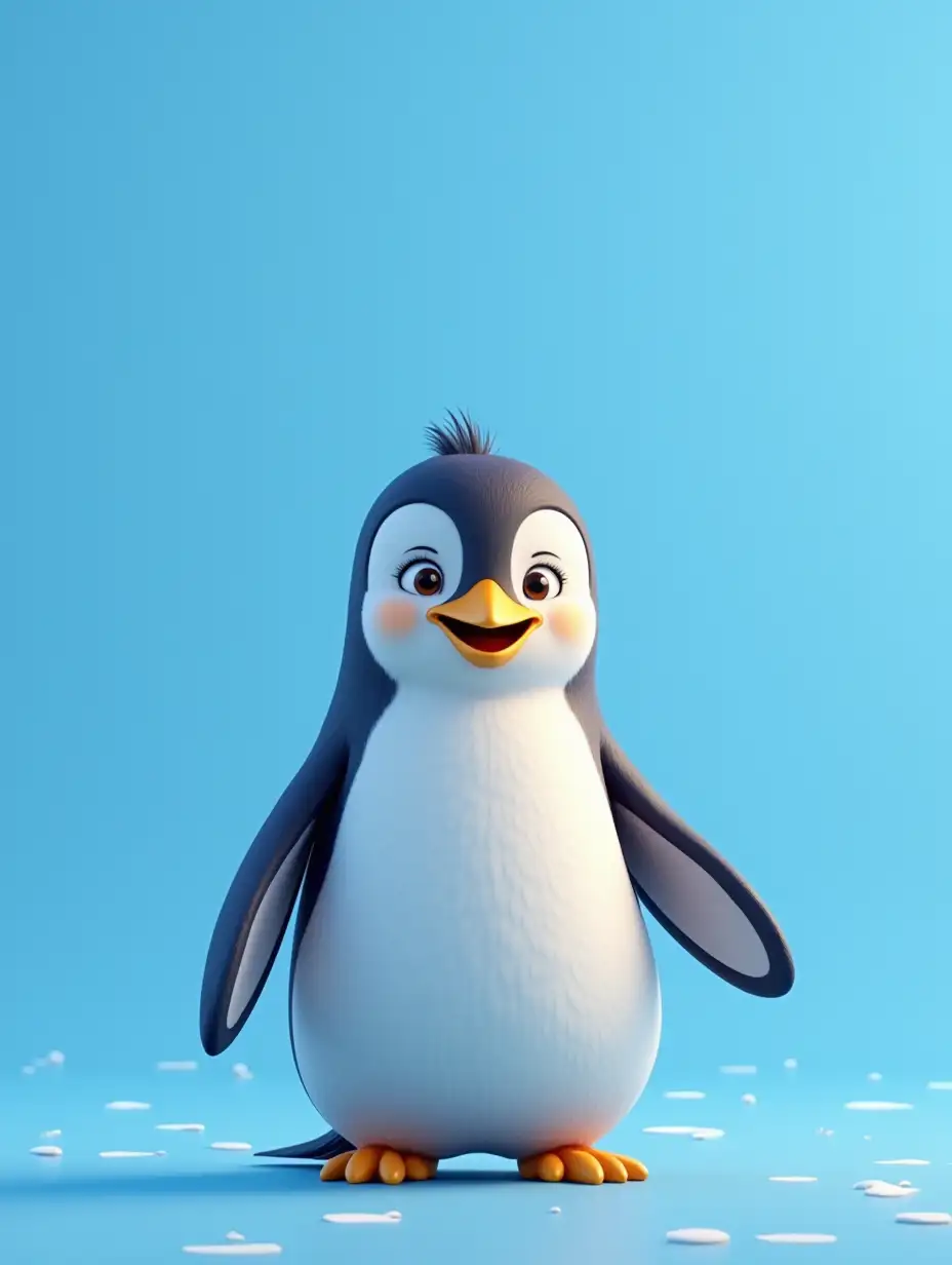 Pengu, on a blue background, smiling, with the polar circle visible in the distance