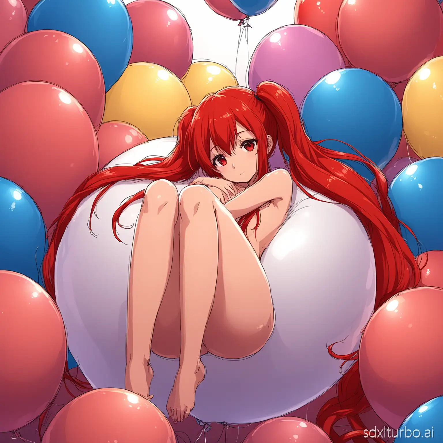 Anime style. Scantily clad tall girl with red long hair with twintails, lying on a balloon, and hugging a large balloon. Many large balloons float in the background, filling the room.