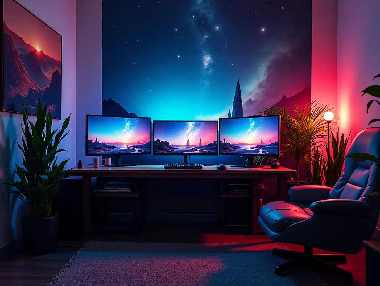 Gaming-Zimmer mit drei Monitoren Gaming Tisch hinten ein Bild vom kosmos,Beleuchtung with Furnishing,Plants Image from Attack on Titan on the Wall Zen-Garden with carefully tended rocks, a meditative 180 Degree Shots 8K-Resolution Colorful