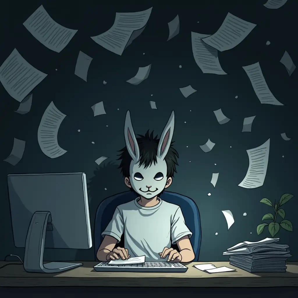 A boy in a white t-shirt is sitting in front of the computer. The boy is wearing a mask of a rabbit. There are documents and papers flying around him as a hurricane in a very dynamic manner. Whole picture is dark and creepy. Anime style.