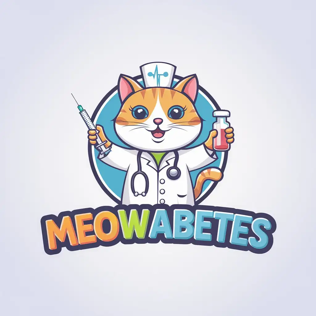 LOGO Design for Meowabetes Playful Cartoon Cat Doctor with Syringe and Vial