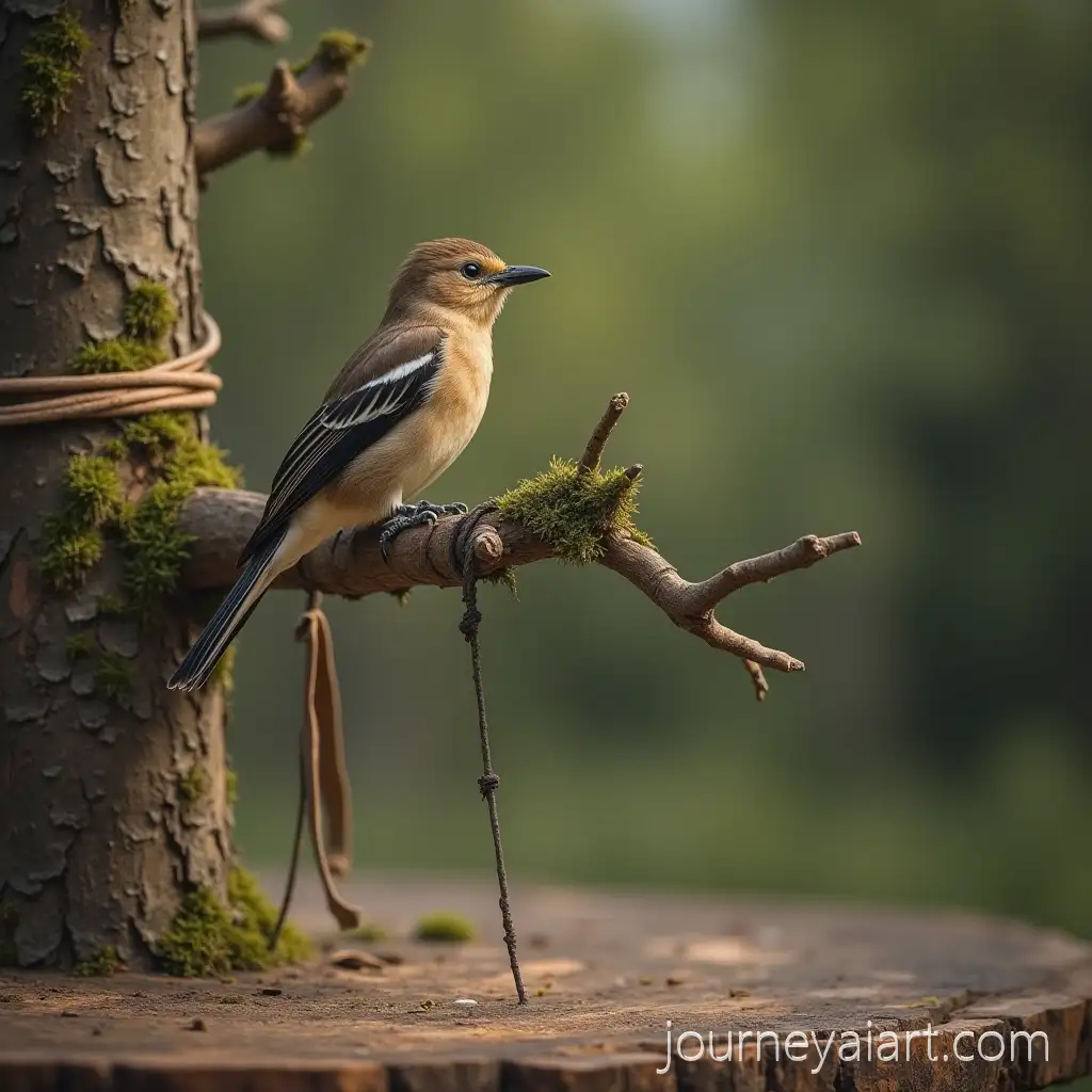 Colorful-Bird-Resting-on-a-Wooden-Table-Beneath-a-Forest-Tree