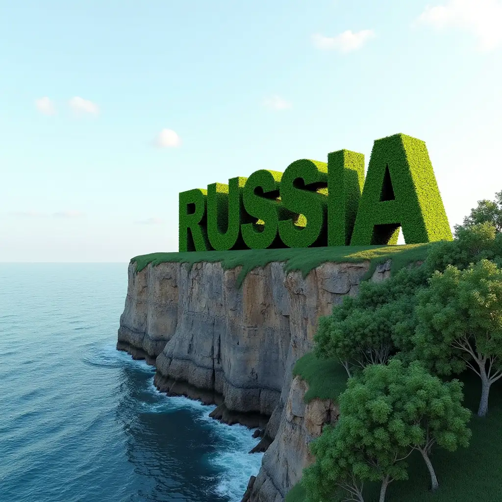 The word RUSSIA made of green grown in the style of hedge letters stands on a high cliff by the sea