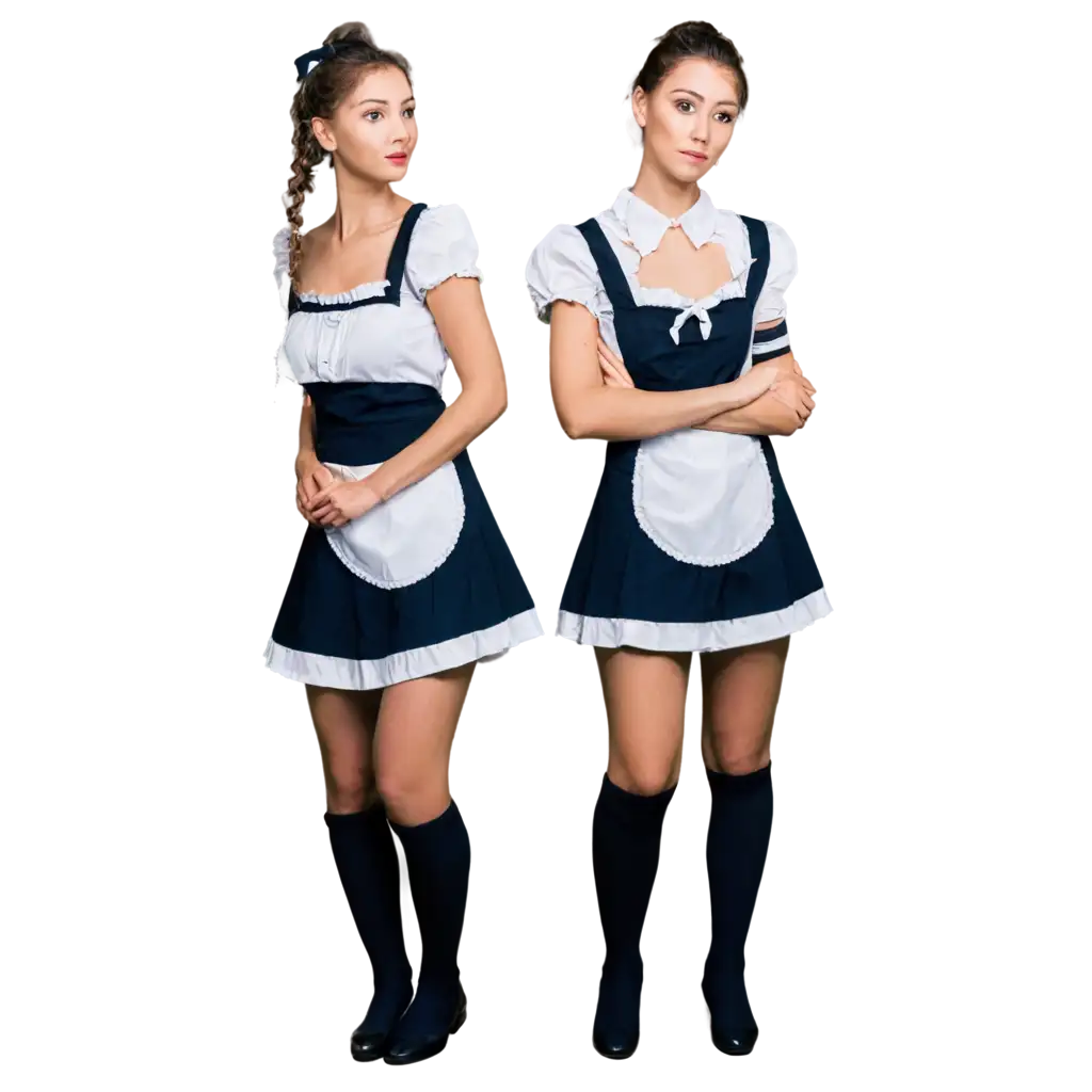 Full-Body-PNG-of-a-Young-Woman-Dressed-as-a-Maid-with-Blue-and-Black-Striped-Socks