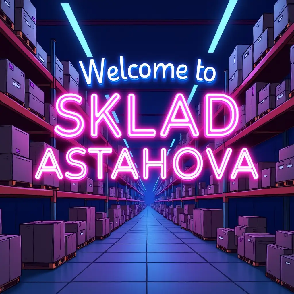 Background: A vibrant and bright cartoon warehouse filled with shelves of parts and boxes. A dynamic atmosphere.nnText: The text in the foreground - 'Welcome to SKLAD ASTAHOVA are you ready to start your journey with us?' is placed at the top, executed in a neon style using purple, pink, and blue colors, creating a bright contrast with the background.