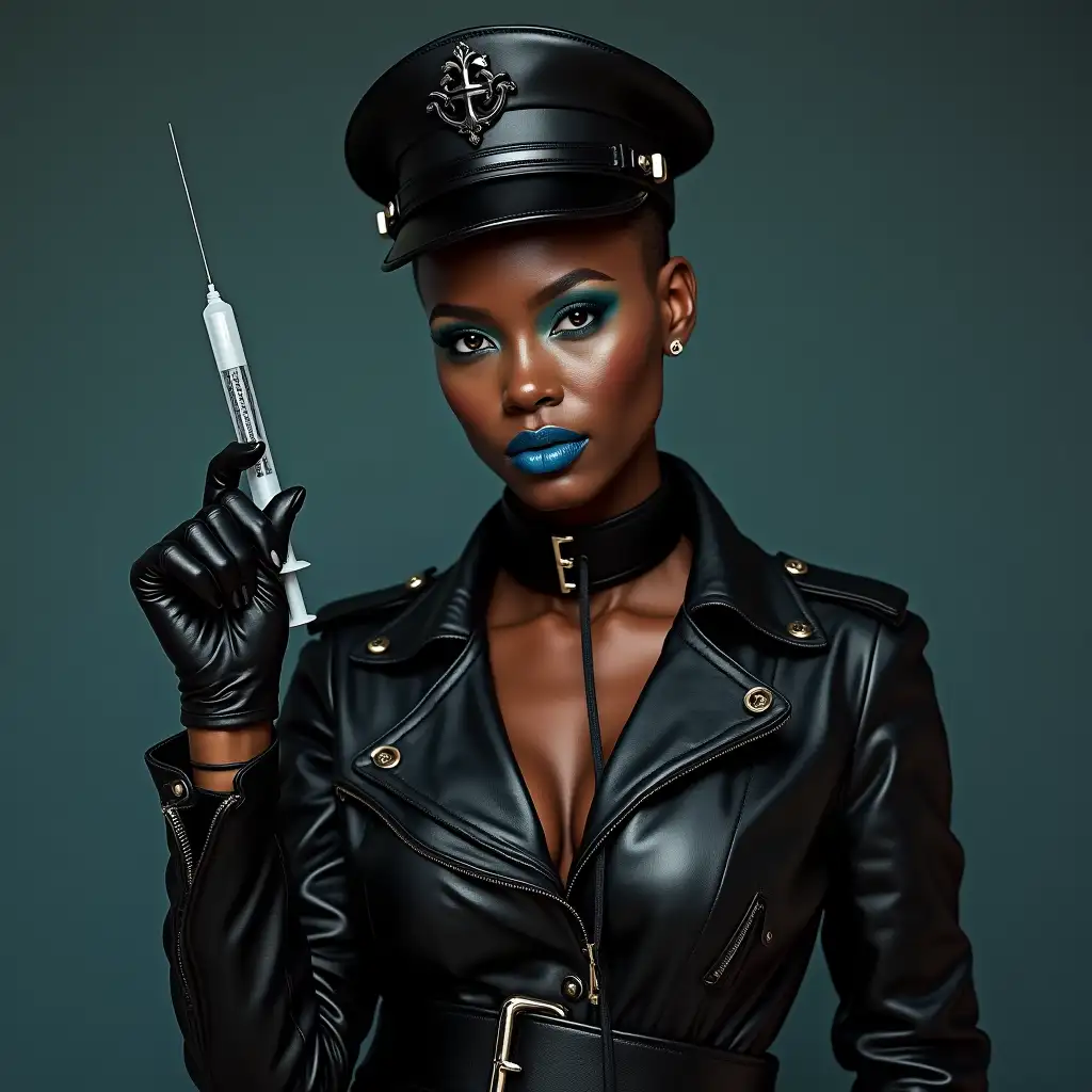 dark skin African woman, shaved head, holding injection needle, leather gloves, leather motorcycle jacket, blue eye shadow, thick leather belt around neck, leather waist cinched, leather military hat, leather collar and leash, blue lipstick