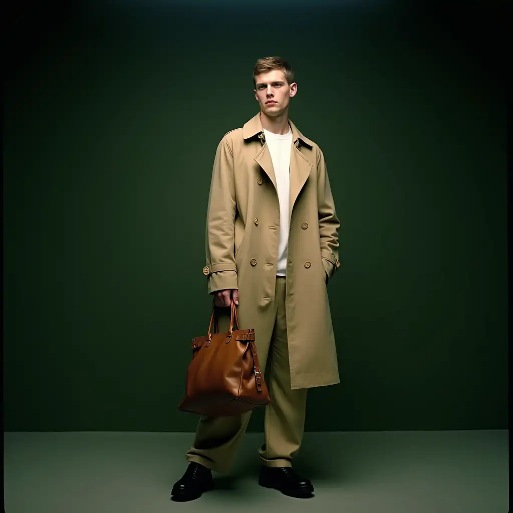 A male model wears an oversized beige trench coat, baggy trousers, and black shoes, holding a brown tote handbag in his right arm as he poses for the shot. The background is a dark green with soft lighting. He has short hair and wears a white t-shirt underneath the coat. The image was captured in the style of Tim Walker, using Kodak Portra film