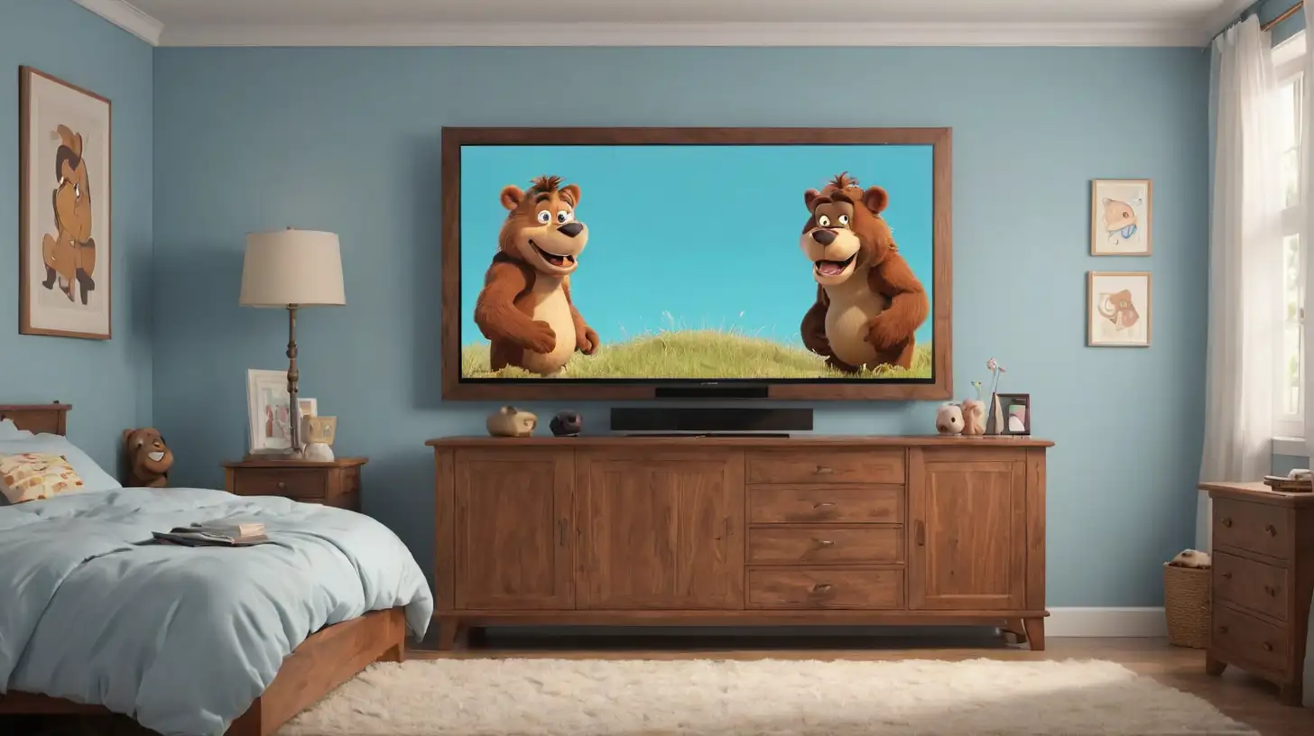 Brown Wooden TV with Cartoon Expressions in a Bedroom with WhitishBlue Walls