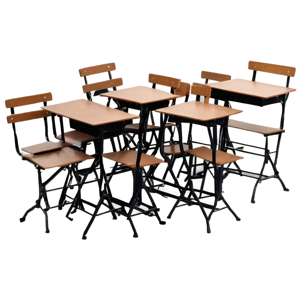 A lot of old damaged school desks and chairs are stacked on top of each other, the scene is chaotic and horror, ((high quality)), ((detailed)), ((realistic)), ((photography))