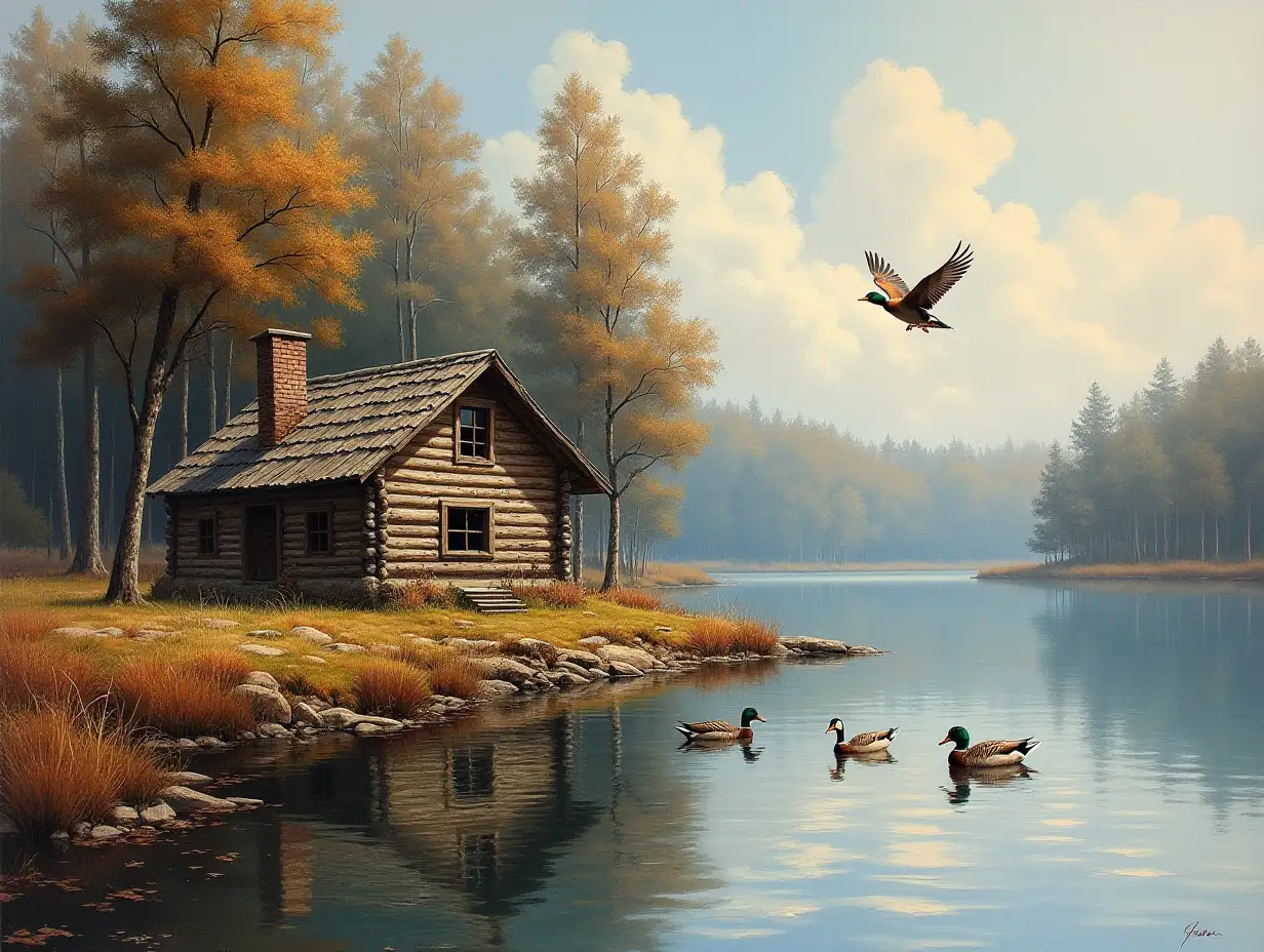 Rustic Log Cabin by Wooded Lake with Flying Ducks