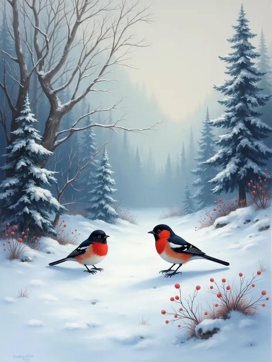 Mountain ash in the snow and bullfinches. Detailed, beautiful dark fantasy, painterly, broad oil strokes. Winter background.